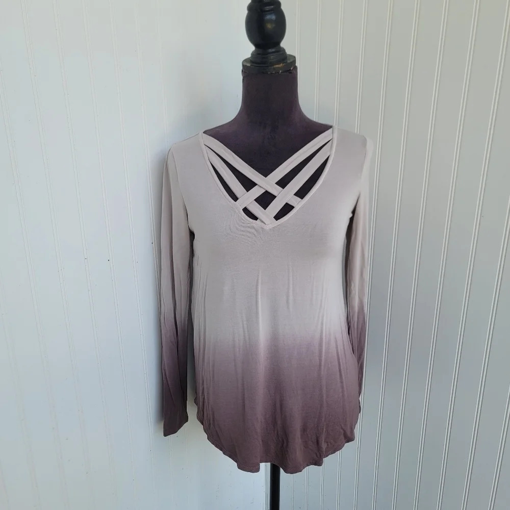 American Eagle Women's Beige Brown Soft Sexy Strappy V-Neck Tee Knit Top Long XS
